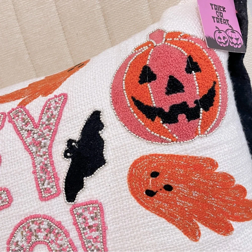 Trick or Treat Hey Boo Beaded Halloween Lumbar Pillow Pink Orange Ghost Pumpkin‎